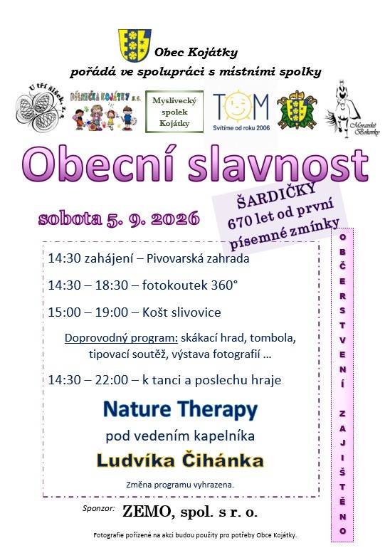 Obec Kojátky zve na Obecní slavnost Šardičky 670 let od první písemné zmínky. Akce se uskuteční v sobotu 5.9.2026.