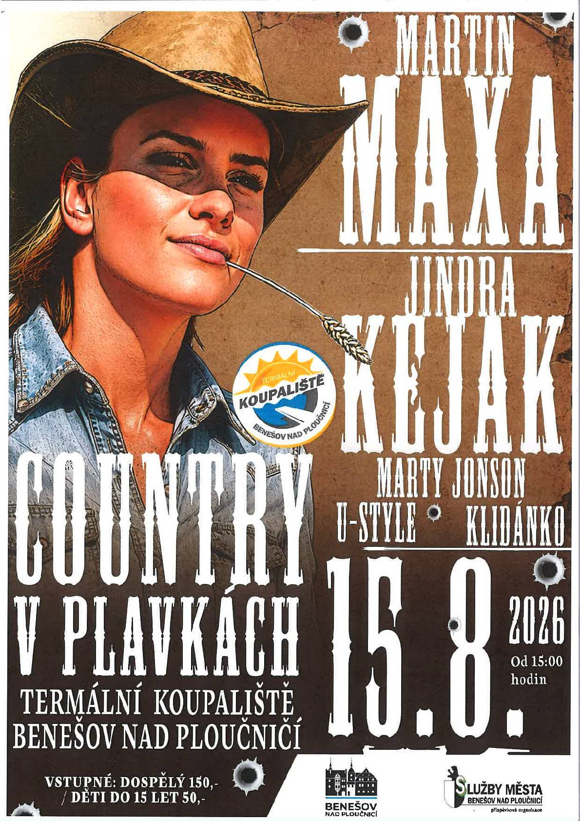 Vážení návštěvníci, v sobotu 15.8.2026 se bude na koupališti konat každoroční akce Country v plavkách.Cena vstupného a otevírací doba se budou v tento den lišit. 1. 10:00 – 14:00 koupaliště bez koncertu –> vstupné dospělý 50,-/dítě 25,- 2. 15:00 – konec akce –> dospělý 150,-/dítě do 15 let 50,- Mezi 14:00 a 15:00 hodinou bude koupaliště uzavřeno na přípravu akce. Děkujeme za pochopení a těšíme se na Vaší návštěvu.