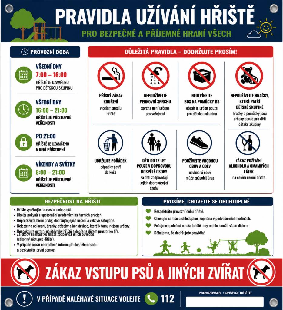 Vzhledem k opakujícím se problémům, zveřejňujeme pravidla pro užívání hřiště a venkovních prostorů přiléhajících k Dětské skupině v Kozašicích.