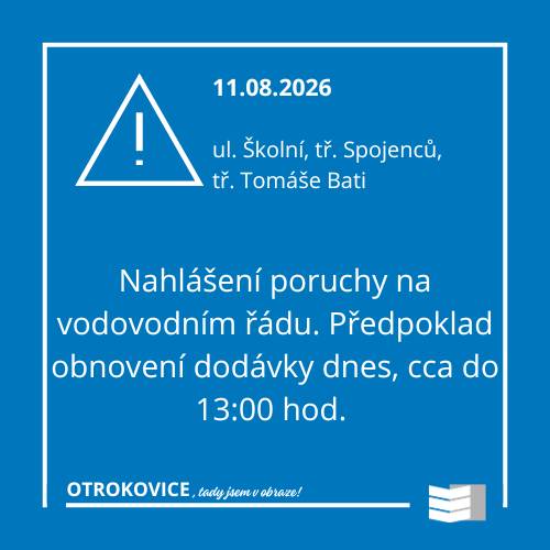 Z důvodu poruchy na vodovodním řádu byla dnes v ranních hodinách přerušena dodávka vody v ulici Školní, tř. Spojenců a tř. Tomáše Bati pro cca 30 bytových domů. Cisterna s vodou přistavena.