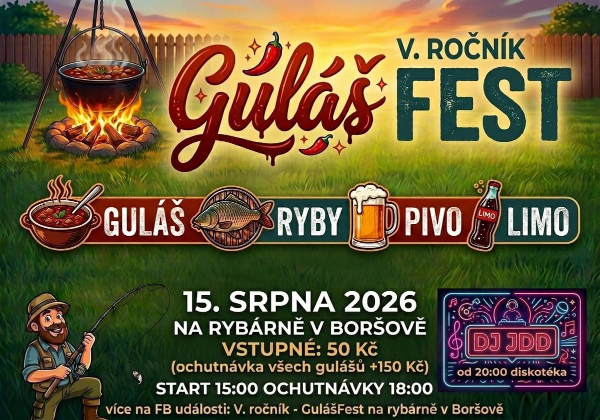 Už tuto sobotu 15. 8.   Předběžný časový harmonogram:  15:00 – otevření areálu pro návštěvníky  18:00 – předpokládaný start ochutnávek  20:00 – vyhlášení vítězů a následná diskotéka (zahraje DJ JDD – Dick Jimmy Štarha)  Budou nachystány velkokapacitní stany, chladicí zóna, pivní soutěže pro dospělé a limonádové pro děti. Mimo guláše od soutěžících se můžete těšit na pečeného kapra a makrely.  Těšíme se na vás.