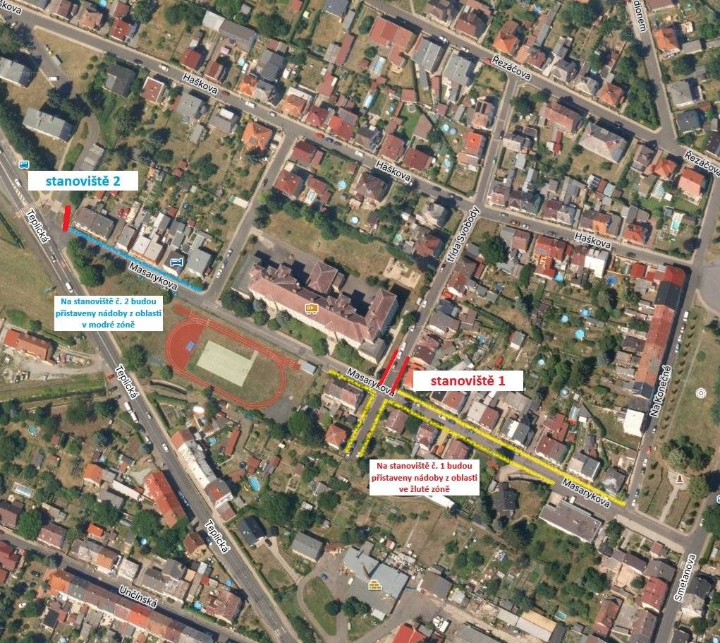 Vážení občané, po dobu uzavírky v ulici Masarykova budou odpadové nádoby z ulice Masarykova sváženy zaměstnanci Střediska služeb města Chabařovice na sběrná místa, která budou dočasně u křižovatky Masarykova - ul. Třídy Svobody a u vývěsné plochy v Teplické ulici.  Po provedení svozu budou druhý den nádoby opět vráceny před příslušné nemovitosti.