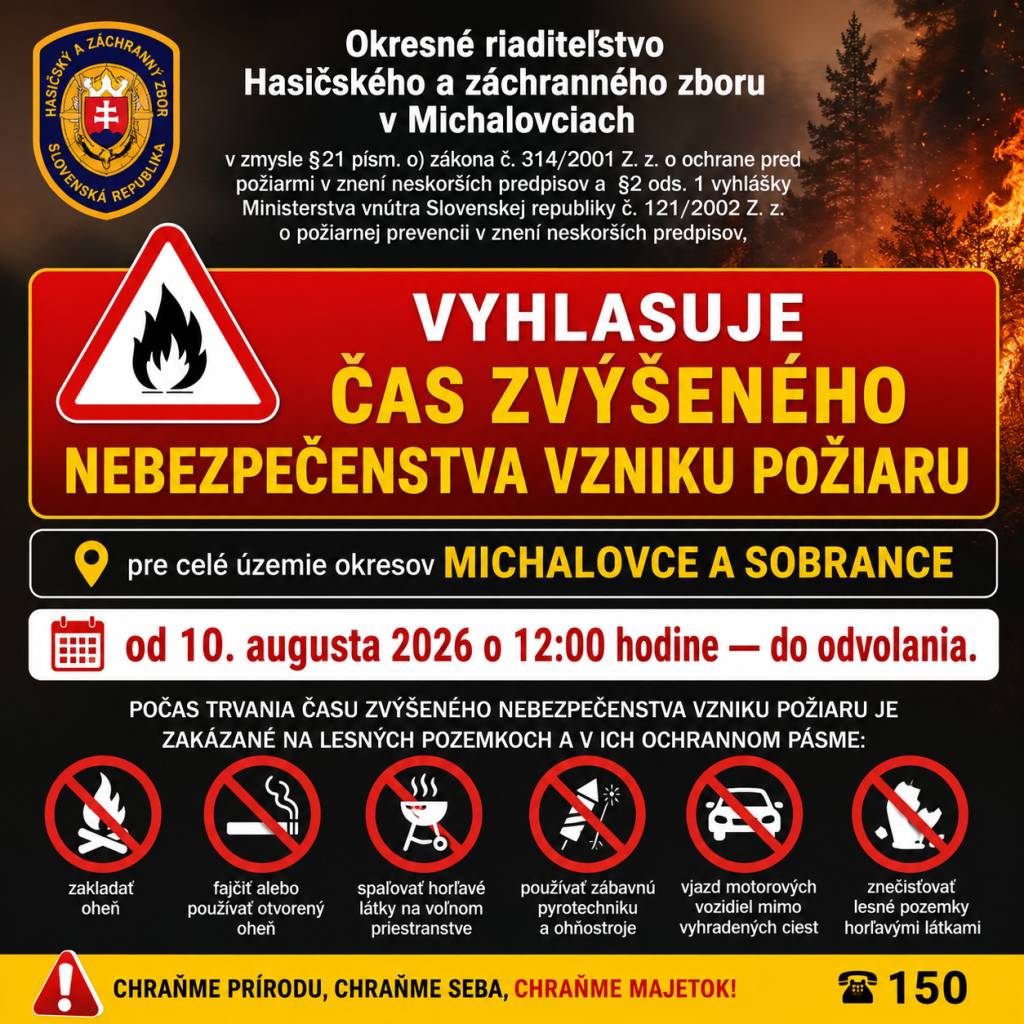 Okresné riaditeľstvo Hasičského a záchranného zboru v Michalovciach, v zmysle $ 21 písm. o) zákona č. 314/2001 Z. z. o ochrane pred požiarmi v znení neskorších predpisov a $2 ods. 1 vyhlášky Ministerstva vnútra Slovenskej republiky č. 121/2002 Z. z. o požiarnej prevencii v znení neskorších predpisov