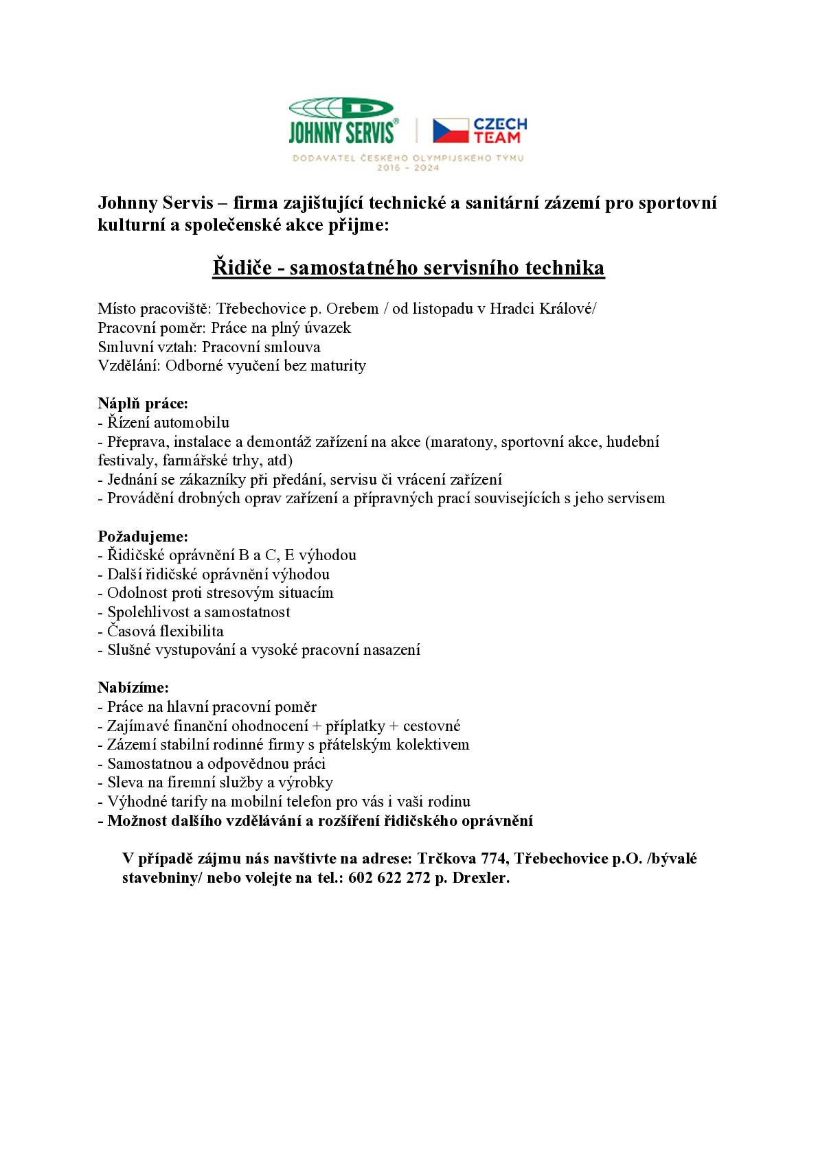 Nabídka volného pracovního místa - Johnny servis