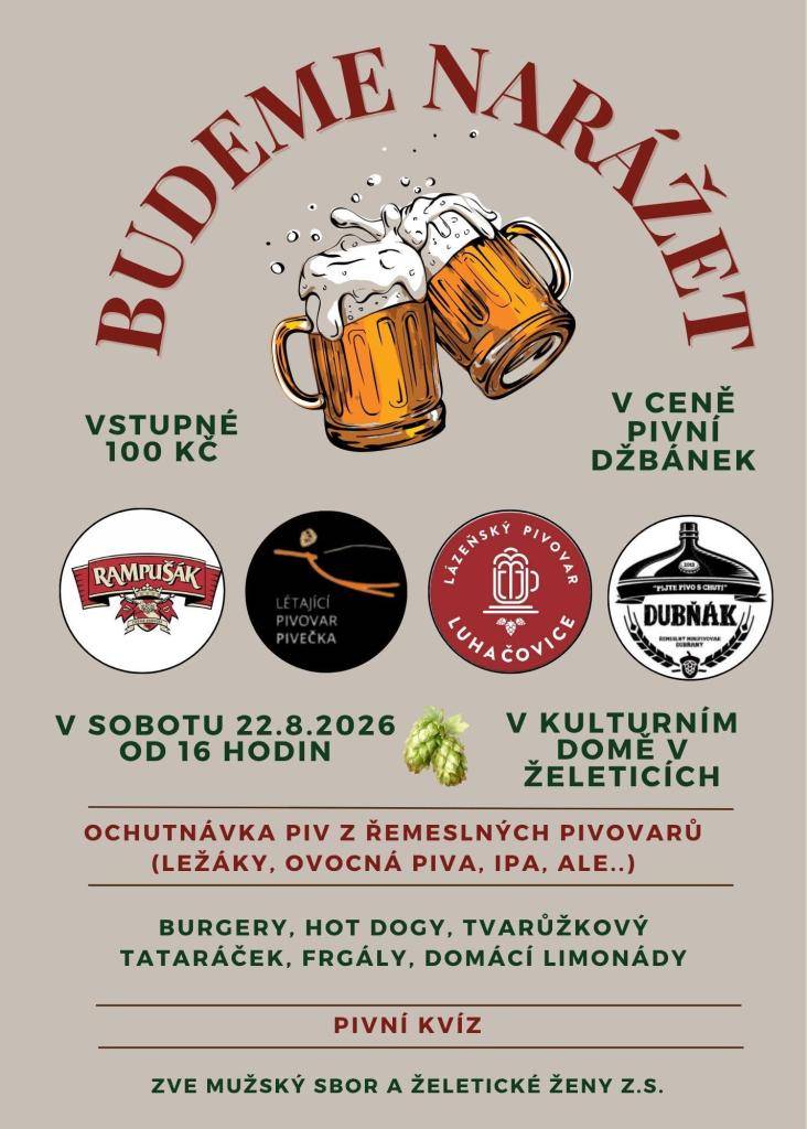 Mužský sbor ze Želetic zve na ochutnávku piv v sobotu 22.8.2026 od 16:00 hod v KD Želetice