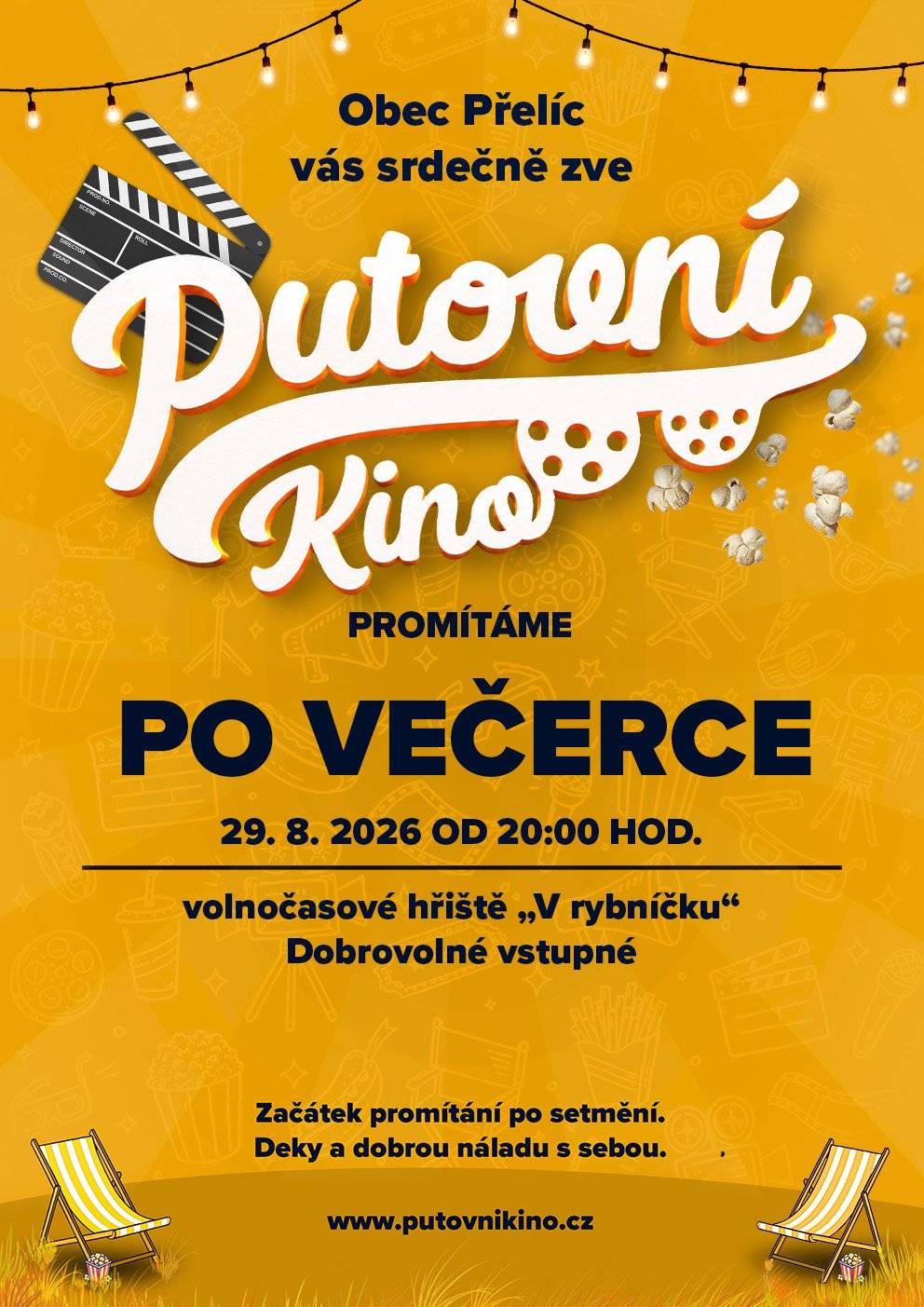 Ani letos nás nemine oblíbené letní promítání pod širým nebem! ❤️ 📅 29. srpna 2026 📍 Přelíc- volnočasové hřiště "V rybníčku" 🎬 Promítáme novinku roku 2026 – Po večerce 🌟 Začátek promítání po setmění 🍺🥤 Občerstvení bude připraveno už od 19:00 hodin – těšit se můžete na pivo, limonádu a něco dobrého na zub. Vezměte deky, křesílka, dobrou náladu a přijďte si užít letní večer pod hvězdami! ✨ Těšíme se na vás! 🍿🎬