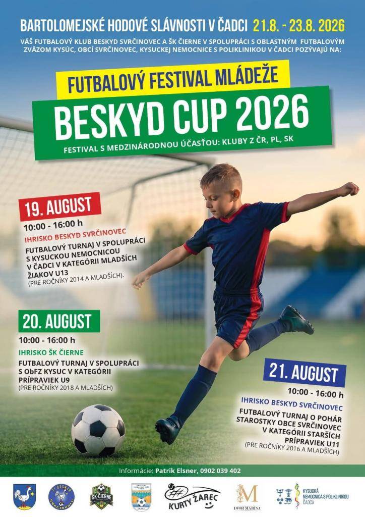 Prijmite pozvanie na futbalovývý festival mládeže "Beskyd Cup 2026", v rámci ktorého sa v piatok 21.08.2026 uskutoční v areáli TJ Beskyd Svrčinovec futbalový "Turnaj o pohár starostky obce".