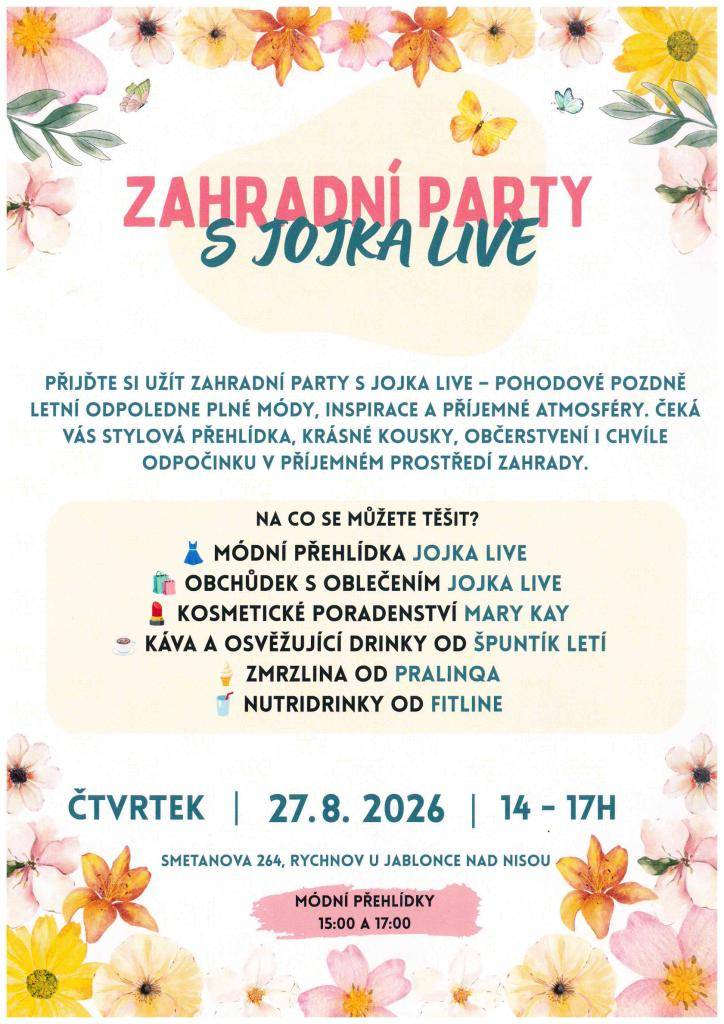 Kdy: čtvrtek 27. 8. 2026  Kde: Rychnov u Jablonce nad Nisou, ul. Smetanova 264  V kolik: 14 - 17 hod.