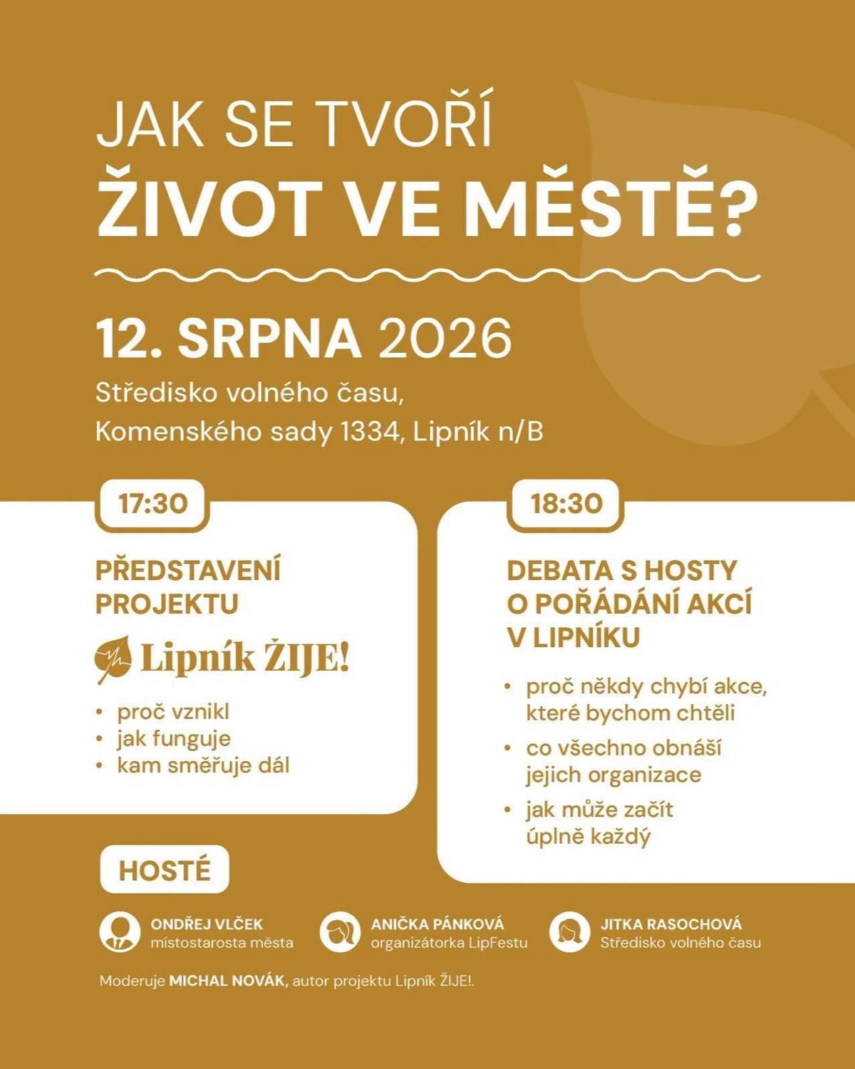 ... odpovědi na spoustu otázek týkajících se veřejného kulturního života v Lipníku nad Bečvou, rozhovor se zástupcem města, s organizátory akcí, praktická doporučení... Beseda byla pro všechny velmi přínosná, děkujeme Michal Novák za pozvání i za skvěle moderovanou diskusi!     Kdo jste si ji nechali ujít, přečtěte si alespoň přiložený dokument a příště přijďte!😃