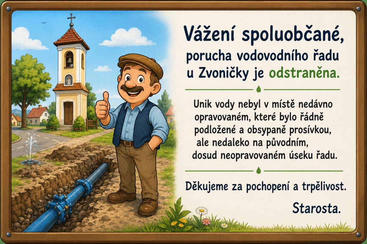 Vážení spoluobčané,  porucha nebyla v místě nedávné opravy, ale nedaleko na původním řadu. Z fotodokumentace opravy jasně vyplývá, že předchozí oprava byla provedena řádně, včetně správného obsypu prosívkou . Aby také ne, když nám s opravami významně pomáhá místní vodoinstalatér. Moc děkujeme!