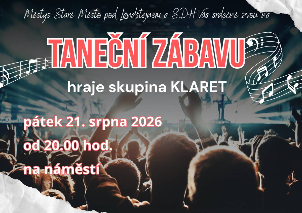 Zveme všechny v pátek 21. 8. 2026 od 20.00 hod. na taneční zábavu. Hraje kapela Klaret