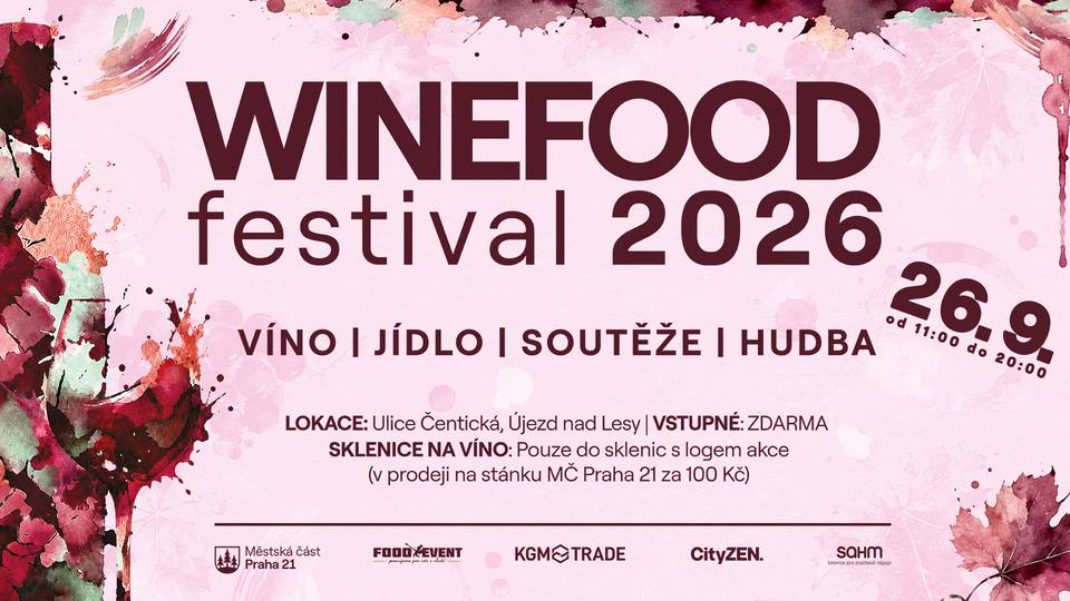 Ochutnejte víno a dobré jídlo! Přijďte s námi oslavit období sběru a zpracovávání úrody hroznů révy vinné! V sobotu 26. září 2026 se na ulici Čentická (u Multifunkčního hřiště) uskuteční již 5. ročník festivalu WINEFOOD, který propojuje to nejlepší z vinařské a gastronomické kultury. Na co se můžete těšit? VINAŘSKÁ ZÓNA & OSVĚŽENÍ  Výběr kvalitních moravských a českých vín od lokálních vinařů Italské prosecco Poctivý burčák Osvěžující míchané nápoje Výběrová káva Domácí limonády  Víno se bude nalévat pouze do sklenic s logem akce, které budou k zakoupení v infostánku MČ Praha 21 za 100 Kč.   STREET FOOD & GASTRONOMICKÉ SPECIALITY  Šťavnaté burgery z prémiového masa Grilované mořské plody Tradiční pelmeně Křupavé gyozy A mnoho dalších dobrot    SLADKÉ TEČKY  Oblíbené španělské churros Domácí slané i sladké karamely Další sladké speciality    DOPROVODNÝ PROGRAM PRO CELOU RODINU Po celý den bude připraven doprovodný program pro děti i dospělé. Podrobnosti a další programové novinky budeme průběžně zveřejňovat.   HUDEBNÍ PROGRAM O hudební atmosféru se postará energická kapela Klan Del Caribe, která návštěvníky roztančí rytmy Latinské Ameriky. LINE-UP  11:00 – Zahájení festivalu 13:00 – Soutěž pro návštěvníky 14:00 – Soutěž pro návštěvníky 15:00 – Klan Del Caribe – hudební vystoupení 17:00 – Klan Del Caribe – hudební vystoupení 18:00 – Soutěž pro návštěvníky 20:00 – Ukončení akce  Změna programu vyhrazena.   Kdy: sobota 26. září 2026   Čas: 11:00–20:00 hodin Kde: Újezd nad Lesy, ul. Čentická (u Multifunkčního hřiště) Sklenice na víno: 100 Kč v infostánku MČ Praha 21 Akci pořádá MČ Praha 21 ve spolupráci s Food Event, s.r.o.   Partneři a sponzoři akce Podporu letošnímu ročníku festivalu poskytly společnosti KGM TRADE s.r.o., CITYZEN LIVING s.r.o. a Sahm s.r.o. Jejich příspěvek pomáhá zkvalitňovat služby a organizaci festivalu, aby si ho návštěvníci mohli užít ještě více. Děkujeme partnerům za podporu a spolupráci.   Přijďte si užít den plný skvělého vína, dobrého jídla, hudby a pohodové atmosféry. Těšíme se na vás!   Poznámka: Nabídka jídel je orientační. Sledujte webové stránky a facebookový profil MČ Praha 21, kde budeme postupně zveřejňovat další informace o programu a jednotlivých prodejcích.