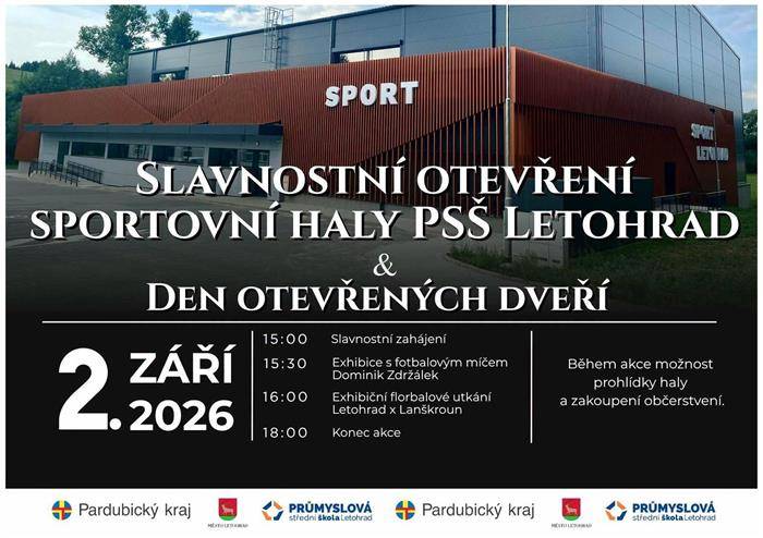 Ve středu 2. září 2026 Vás srdečně zveme na slavnostní otevření nové sportovní haly v Ústecké ulici. Kromě samotné prohlídky haly na vás čeká také exhibice s fotbalovým míčem a florbalové utkání. Nenechte si to ujít.