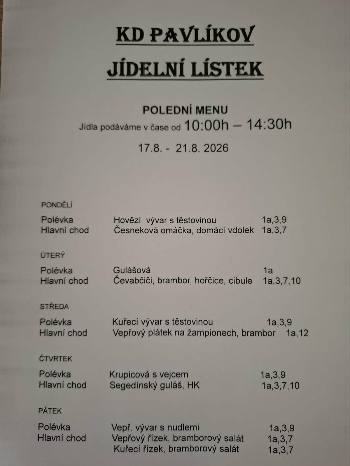 Jídelní lístek KD Pavlíkov od 17.8.do 21.8.2026