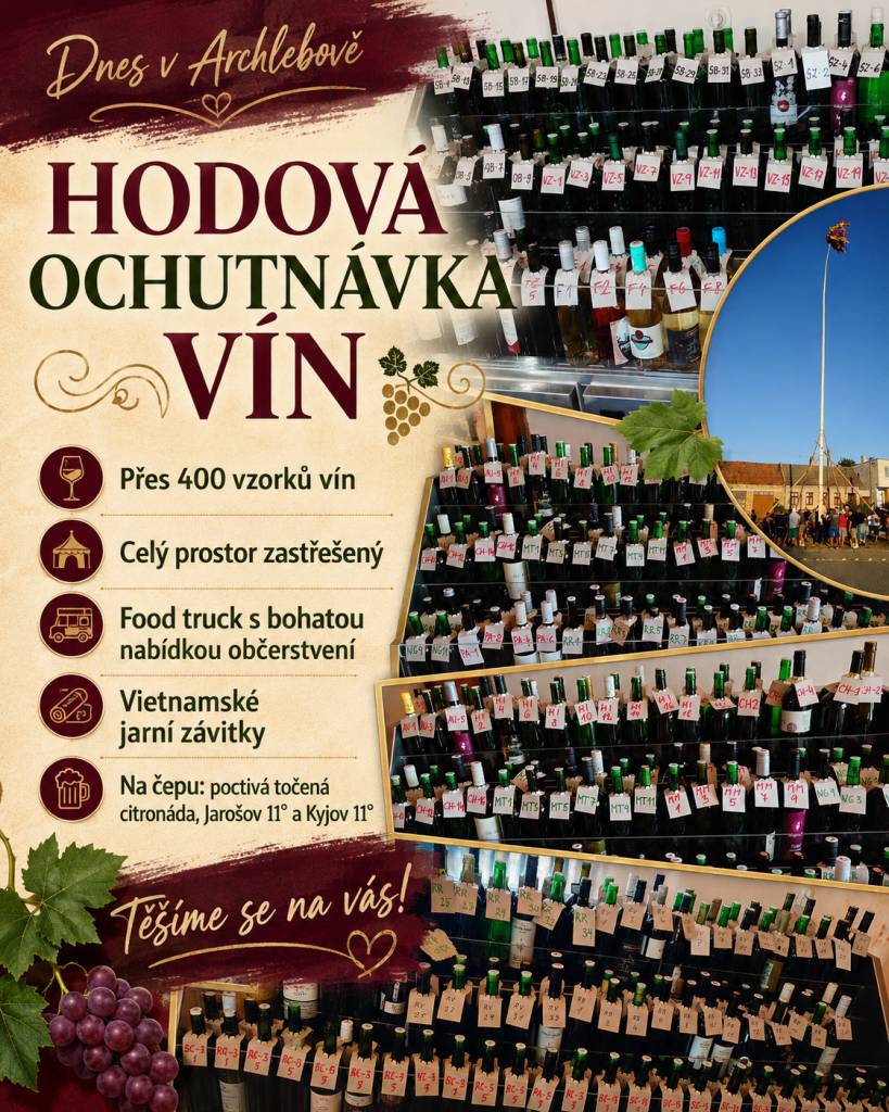 Dnes vás v Archlebově čeká opravdu pořádná porce vín – připraveno máme více než 400 vzorků!  A výběr je skutečně široký. Jen pro představu:  - Ryzlink rýnský – 35 vzorků  - Ryzlink vlašský – 33 vzorků  - Veltlínské zelené – 33 vzorků  …a k tomu spousta dalších odrůd z Archlebova i okolí.