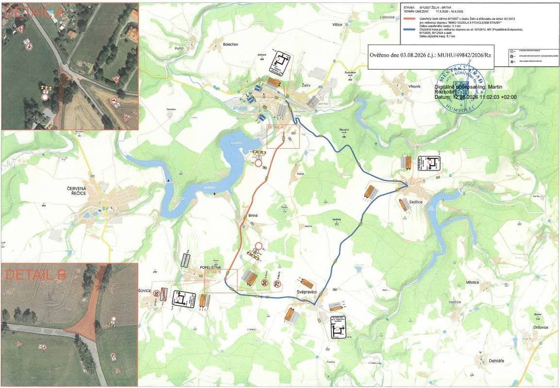 Od 20.8. - 16.9.2026 bude uzavřena komunikace v úseku od křižovatky ve směru na Haštal, přes obec Brtná, až po křižovatku se silnicí č.III/12912 (u Popelištné) z důvodu opravy vozovky. Obyvatelům obce Brtná bude po předchozí dohodě se zhotovitelem stavby umožněn příjezd k nemovitostem podle aktuálního postupu stavebních prací, a to buď ze směru od Želiva, nebo ze směru od Popelištné.