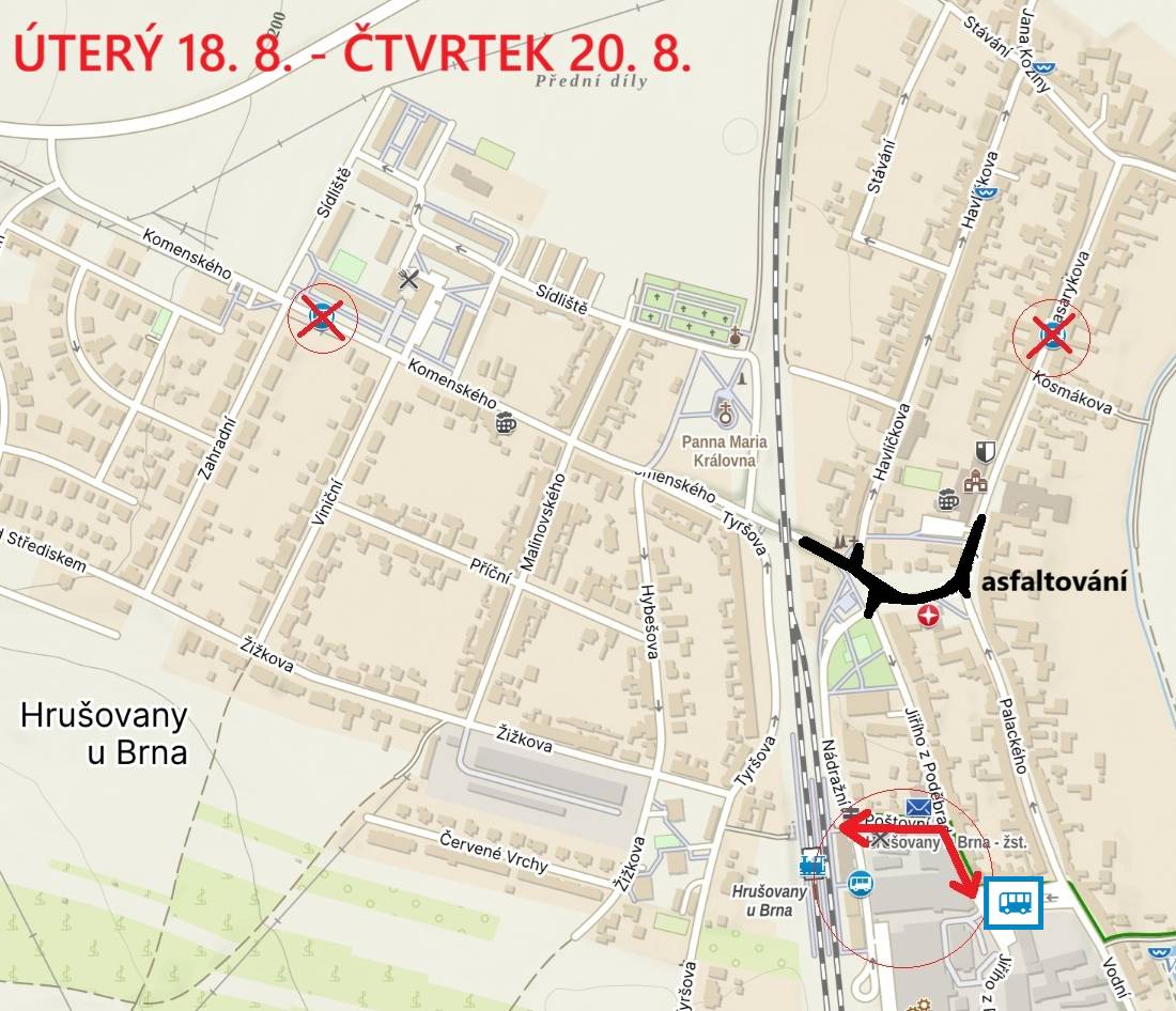 ⏳ Od úterý do čtvrtka 18. - 20. 8. nebude z důvodu asfaltování vozovek v centru obce mimořádně obsluhována autobusová zastávka na Sídlišti a na ulici Masarykově.   🚧 Nebude možný příjezd autobusů k vlakovému nádraží, zastávka bus bude přesunuta o 200 m na bývalé autobusové nádraží.   ⏱️ Autobusy budou mít příjezd tak, aby nebyl problém stihnout případný přestup na vlak.