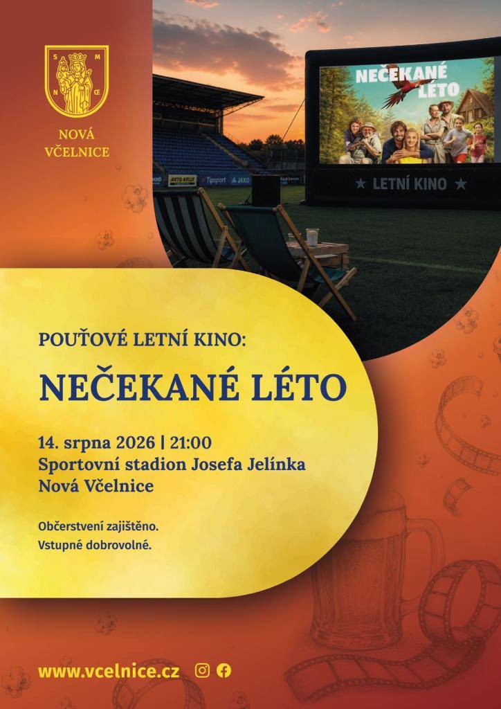 Česká rodinná komedie  Nečekané léto  se promítá dnes, v pátek 14. srpna od 21 hodin na sportovním stadionu.  Vstupné dobrovolné  Občerstvení zajištěno