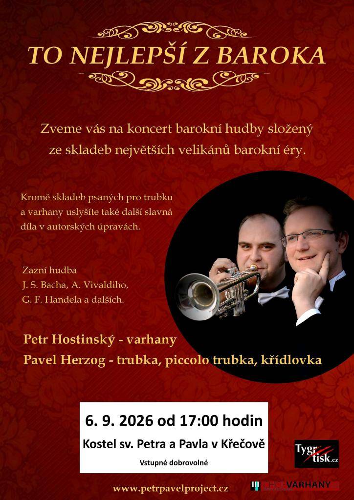 Zveme vás na koncert barokní hudby, který se uskuteční 6. září 2026 od 17:00 hodin v kostele sv. Petra a Pavla v Křečově.