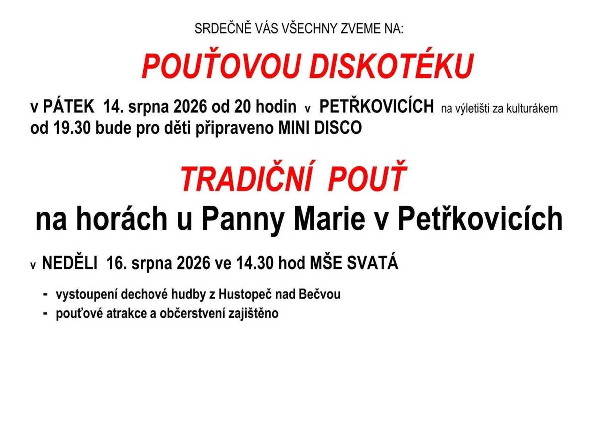 pouť v Petřkovicích, první domácí fotbalový zápas nové sezóny