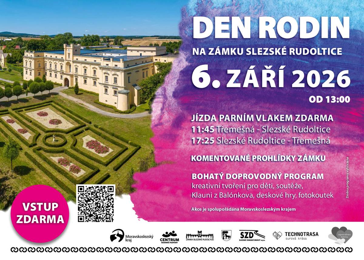 Přijďte prožít Dny rodin s Moravskoslezským krajem. Akce se uskuteční ve třech termínech (níže), kde Vás čeká bohatý program pro rodiny s dětmi, zábavné a vzdělávací aktivity, prezentace organizací působící v oblasti podpory rodin, náhradní rodinné péče a péče o osoby se zdravotním postižením. Den rodin na Zámku Slezské Rudoltice – 6. 9. 2026 (Den rodin s Moravskoslezským krajem ve Slezských Rudolticích | Moravskoslezský kraj | Dejme dětem rodinu) Den rodin na Masarykově náměstí v Novém Jičíně – 13. 9. 2026 (Den rodin s Moravskoslezským krajem v Novém Jičíně | Moravskoslezský kraj | Dejme dětem rodinu) Den rodin v Trojhalí Karolina v Ostravě – 26. 9. 2026 (Den rodin s Moravskoslezským krajem v Ostravě | Moravskoslezský kraj | Dejme dětem rodinu)