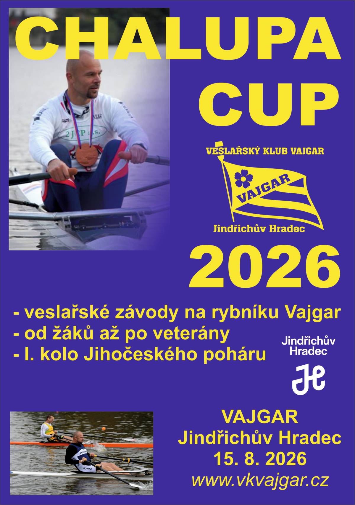 Veslařský klub Vajgar Jindřichův Hradec srdečně zve příznivce sportu na tradiční veslařské závody Chalupa Cup 2026, které se uskuteční v sobotu 15. srpna 2026 na rybníku Vajgar v Jindřichově Hradci.