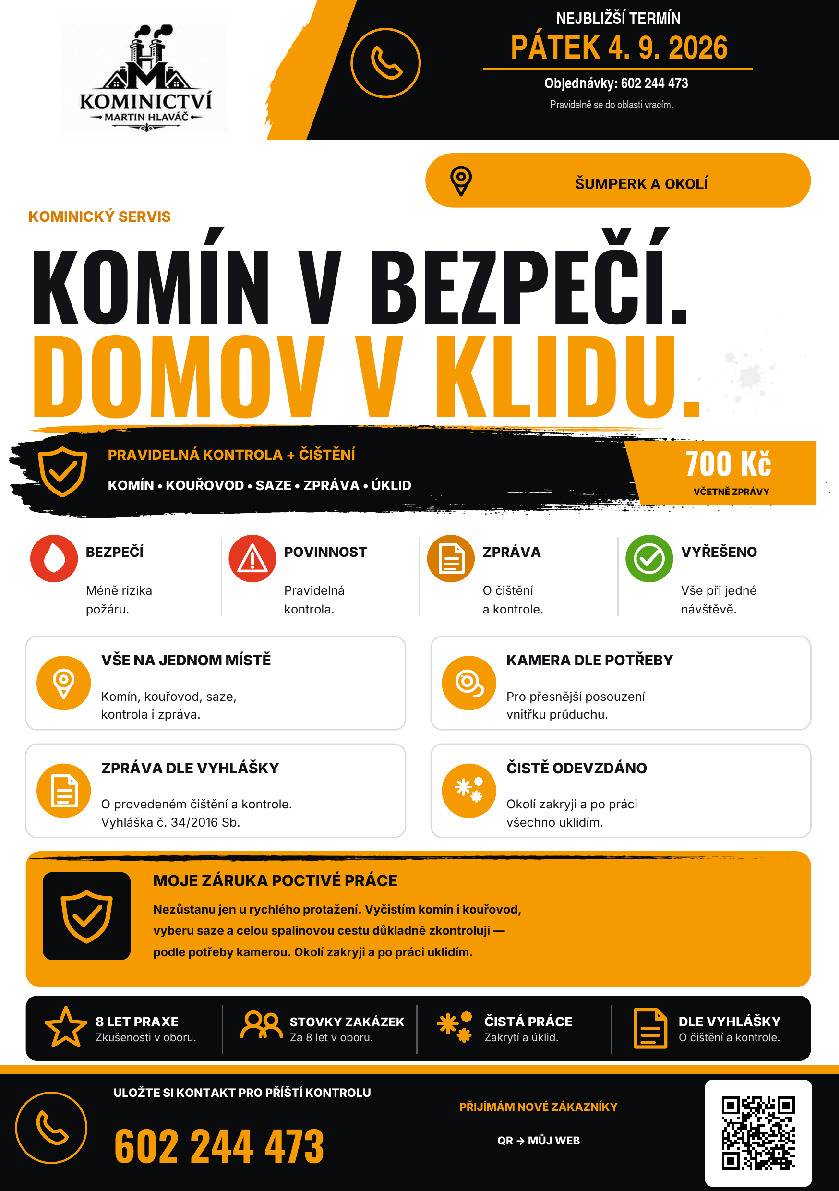 V pátek 4. září 2026 bude pan Martin Hlaváč poskytovat kominické služby ve Starém Městě a okolí. Bližší informace naleznete v příloze.