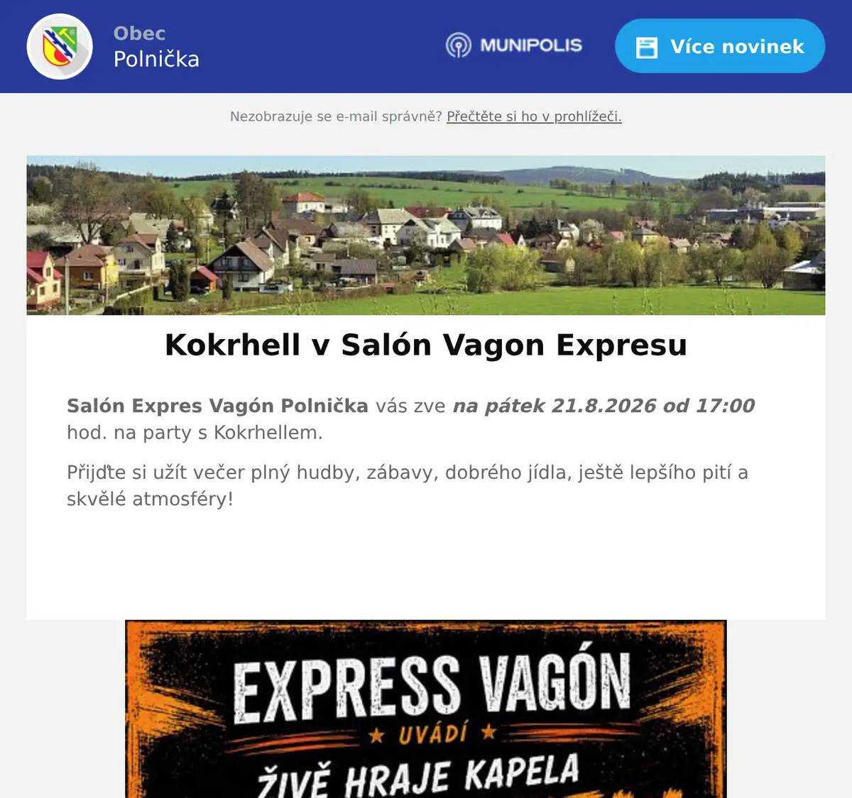 Salón Expres Vagón Polnička vás zve na pátek 21.8.2026 od 17:00 hod. na party s Kokrhellem. Přijďte si užít večer plný hudby, zábavy, dobrého jídla, ještě lepšího pití a skvělé atmosféry!  
