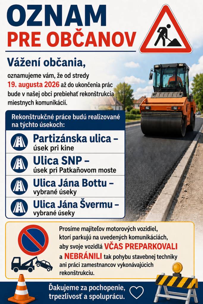 firma EUROVIA SK začne s prácami v stredu 19.08.2026