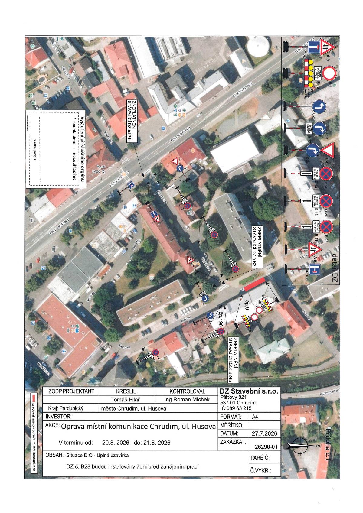 Upozorňujeme obyvatele, že ve dnech 20.–21. srpna 2026 bude probíhat oprava místní komunikace v Husově ulici. V souvislosti s pracemi bude dotčený úsek komunikace zcela uzavřen pro dopravu. V lokalitě bude zároveň platit přechodné dopravní značení a dočasné zákazy zastavení. Prosíme obyvatele a řidiče, aby respektovali dopravní značení a v uvedeném termínu nenechávali svá vozidla v místech, kde budou probíhat práce. Podrobné dopravní opatření je vyznačeno v přiloženém situačním plánku. Děkujeme za pochopení.