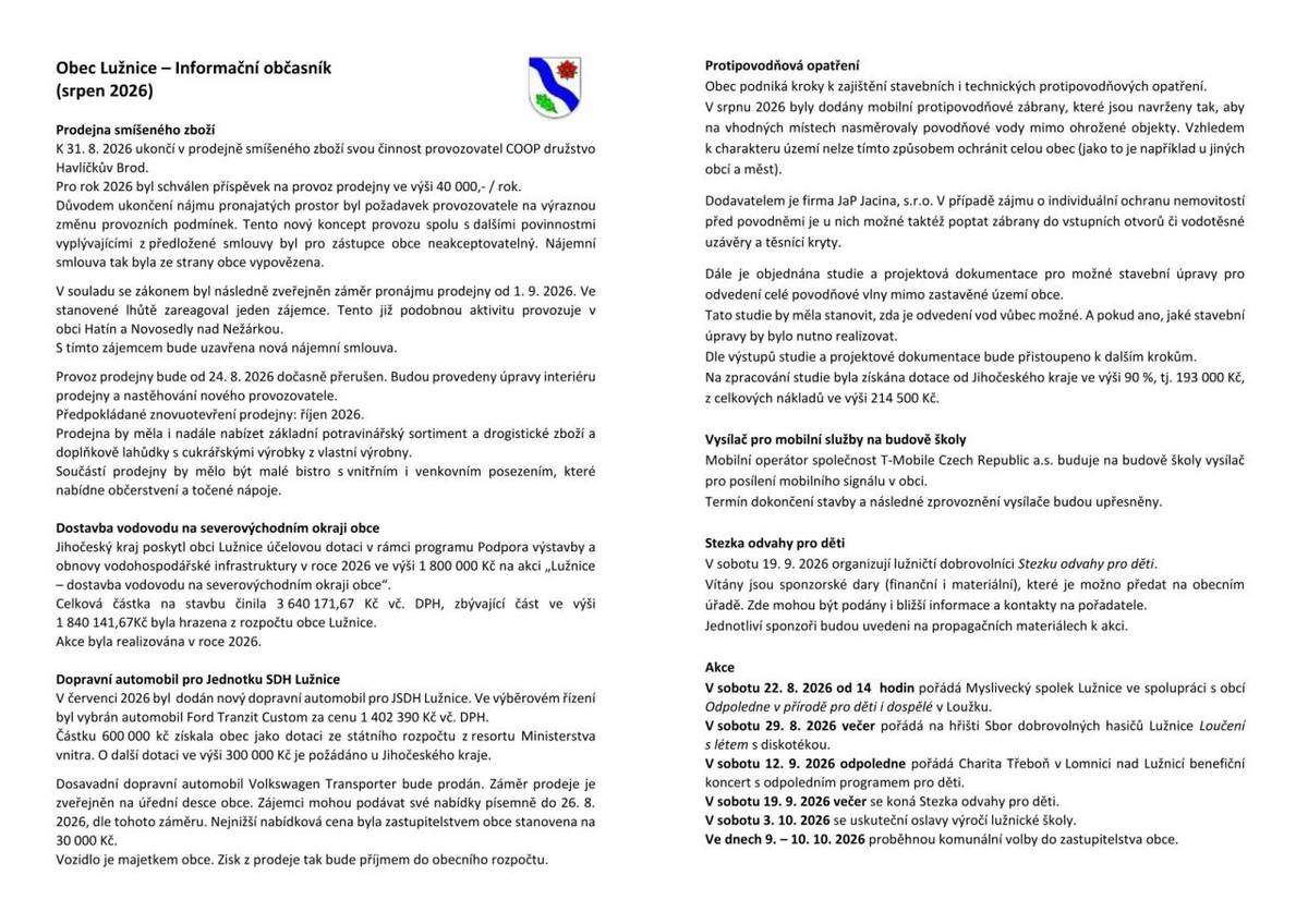 Informační občasník - srpen 2026