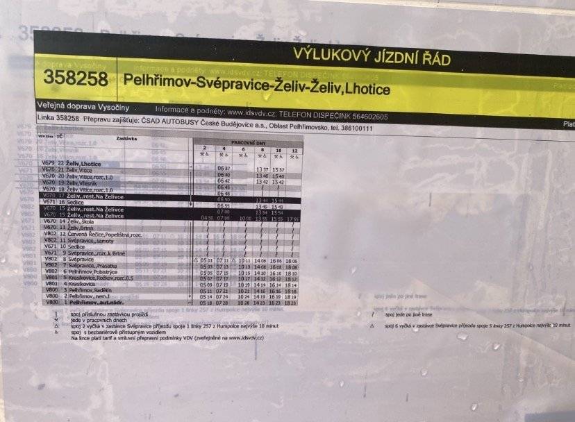 Upozorňujeme spoluobčany, aby po dobu výluky využívali v Želivě zastávku "Restaurace Na Želivce".  Zastávka "Základní škola Želiv" je dočasně zrušena. Výluka linky 258 Želiv-Brtná (17.08.2026 - 16.09.2026)       Termín:  17. 08. 2026 - 16. 09. 2026      Z důvodu realizace  akce na silnici III/12927 Želiv - Brtná , pojede linka  258 dle výlukového jízdníhořádu. Aktuální časy odjezdů najdete např. na idos.cz.     Dotčené zastávky   Zastávky Želiv,Brtná, Želiv,škola, Červená Řečice, Popelištná,rozc., Svépravice,samoty budou po dobu trvání uzavírky dočasně bez obsluhy, bez náhrady Zdroj:Kraj Vysočina.