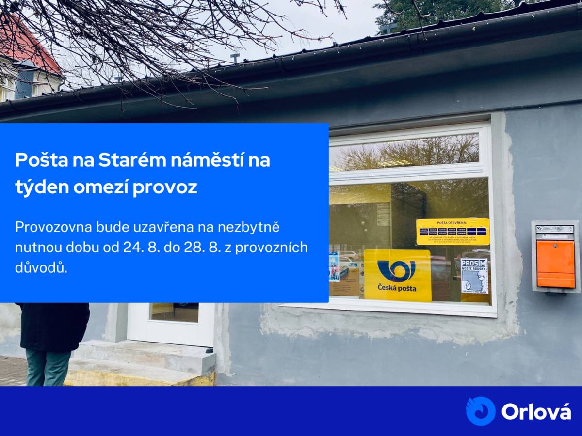 Informujeme o dočasné krátkodobé uzavírce provozovny Pošta partner Orlová 1 na adrese Staré náměstí 1195, Orlová-Město. Provozovna bude uzavřena na nezbytně nutnou dobu od pondělí 24. do pátku 28. srpna 2026 z provozních důvodů. Po dobu jejího uzavření budou poskytované služby zajištěny provozovnou Česká pošta s.p., pošta Orlo...