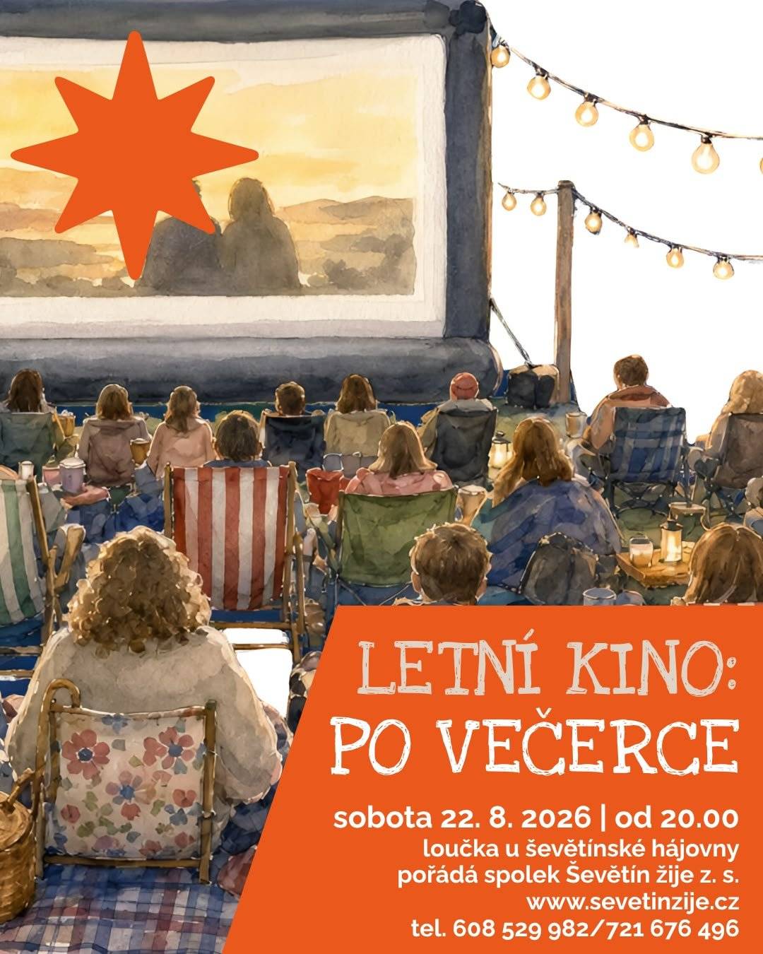 Milí sousedé,  spolek Ševětín žije! Vás všechny srdečně zve v sobotu 22.8. v podvečer na letní kino na louce u Dubeňáku. Promítat budeme českou  komedii  "Po večerce", která pojednává o návratech, starých láskách a druhých šancích. Letní pohodu umocní občerstvení ze stánku Vypečené okno, k ochutnání budou dobroty z grillu, k pití pak pivo, prosecco, víno, míchané drinky, limonády. Areál promítání a stánek s občerstvením pro Vás budou nachystané už na 19. hodinu. Neváhejte proto přijít dříve, popovídat se známými a dát si něco dobrého ještě před kinem. Samotné promítání začne se setměním, kolem 20. hodiny.  Praktické info : 🪑 s sebou - deku nebo židličku na sezení 💵 vstupné - dobrovolné 🚽 na místě zajištěno mobilní WC 🌧️ Než na projekci vyrazíte a bude se schylovat k dešti, bouřce nebo silnějšímu větru, raději si na našich sociálních sítích ověřte, že promítání skutečně proběhne. V případě nepříznivého počasí se promítání ruší.