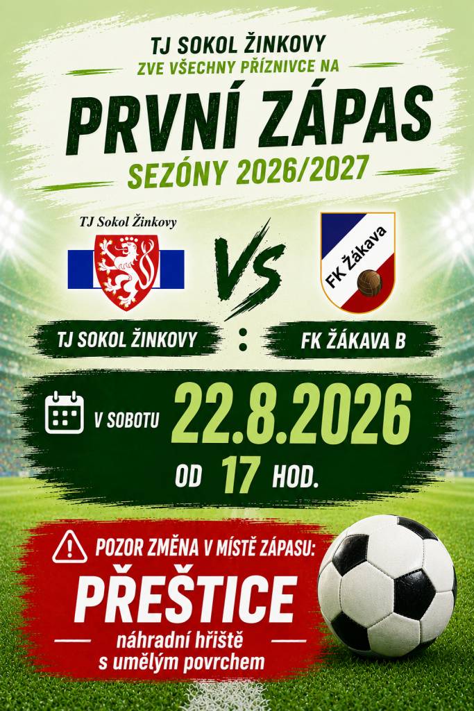 POZOR! Zápas se kvůli nezpůsobilému terénu hraje v PŘESTICÍCH na náhradním hřišti s umělým povrchem!