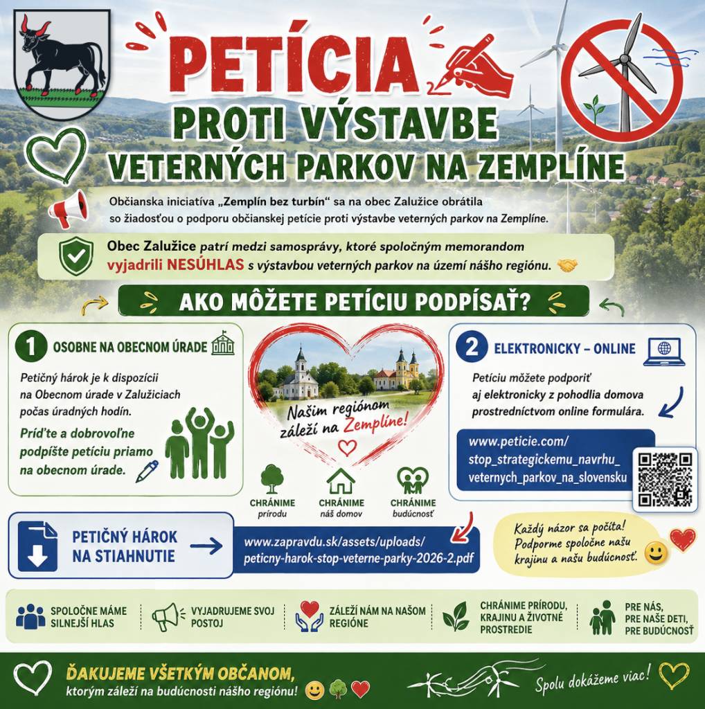 Obec Zalužice patrí medzi samosprávy, ktoré spoločným memorandom vyjadrili nesúhlas s výstavbou veterných parkov na území nášho regiónu.    V nadväznosti na tento postoj chceme dať priestor aj našim občanom, ktorí sa chcú k tejto téme vyjadriť a svojím podpisom podporiť petíciu.