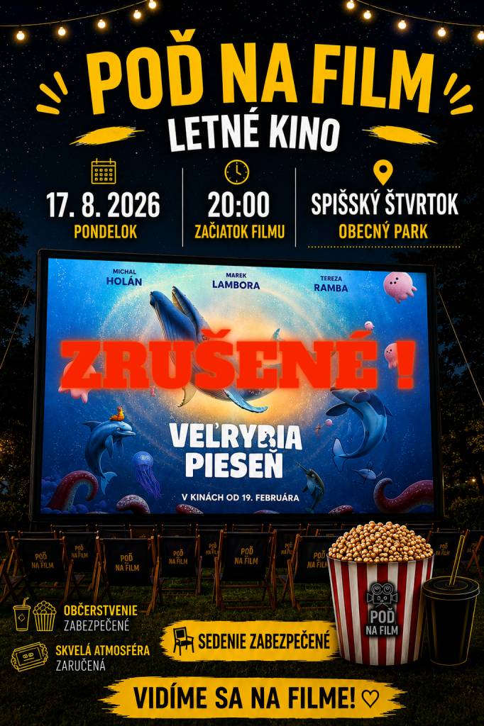 Z dôvodu nepriaznivého počasia sa večerné premietanie dňa 17.8. o 20:00 ruší.