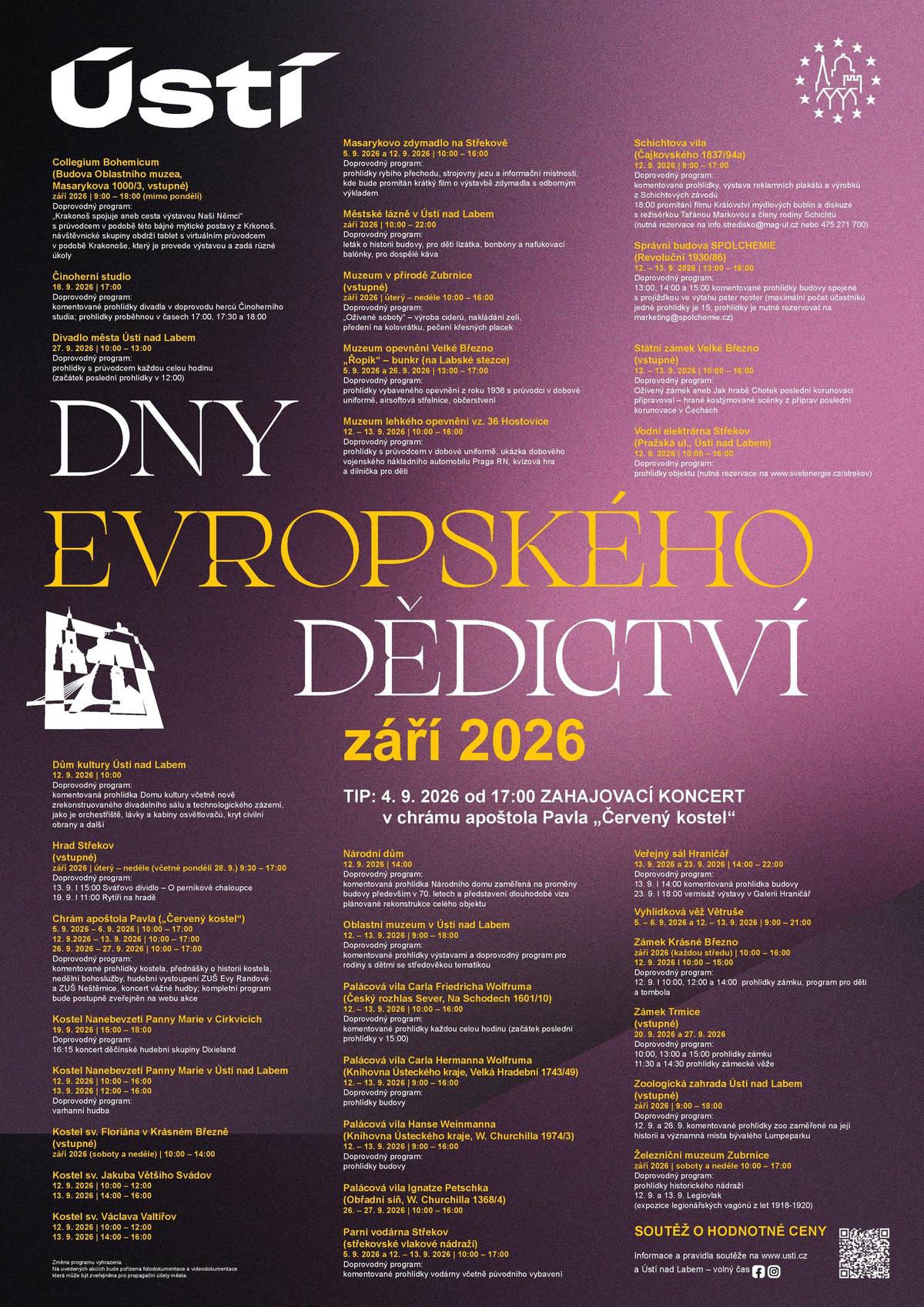 Dny evropského dědictví letos nabídnou možnost nahlédnout do 33 památek a zajímavých objektů, včetně těch, které zůstávají během roku veřejnosti uzavřené. Město se k této tradiční celoevropské akci připojí již po jednatřicáté a vedle tradičních míst nabídne také dvě novinky. Jednou z hlavních novinek letošního ročníku bude zpřístupnění Schichtovy vily ve Vaňově. Návštěvníci se budou moci vydat na komentované prohlídky této významné stavby. Součástí programu bude také promítání filmu Království mýdlových bublin a diskuse se členy rodiny Schichtů. Další letošní novinkou je možnost prohlédnout si Národní dům a dozvědět se více o proměnách budovy v 70. letech a současném fungování. Slavnostní zahájení letošního ročníku se uskuteční 4. září od 17:00 v chrámu apoštola Pavla ("Červený kostel") a tradičně bude patřit hudbě. Během zahajovacího koncertu vystoupí Komorní pěvecké sdružení Romance pod vedením sbormistra Mgr. Petra Řeháka. Soubor nabízí pestrý repertoár napříč hudebními epochami a žánry – od renesanční hudby přes současnou sborovou tvorbu až po jazz a pop. Oblíbená součást Dnů evropského dědictví je také soutěž s turistickým pasem. Návštěvníci mohou během září sbírat razítka v zapojených památkách a zároveň soutěžit o atraktivní ceny. Mezi letošní výhry patří dárkový poukaz pro dvě osoby na jednu noc se snídaní v jednom z hotelů sítě CPI Hotels v České republice, 10 vstupenek na filmová představení ve Veřejném sále Hraničář nebo dvě vstupenky na Vánoční show Techtle Mechtle. Putování po ústeckých památkách tak může přinést nejen nové zážitky a zajímavá setkání, ale také příjemnou odměnu.