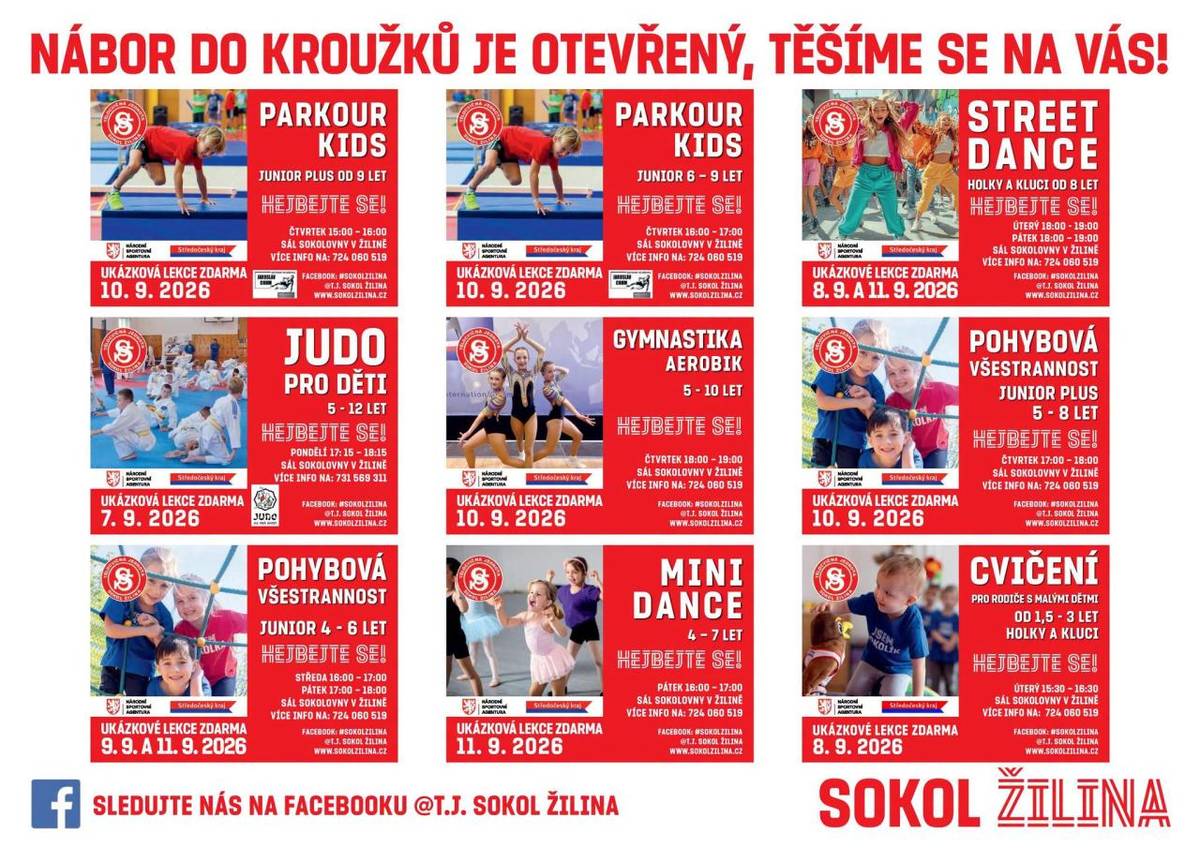 T.J. Sokol Žilina otevírá nové sportovní kroužky. V září proběhnou ukázkové lekce, kde si děti mohou vyzkoušet různé aktivity.
