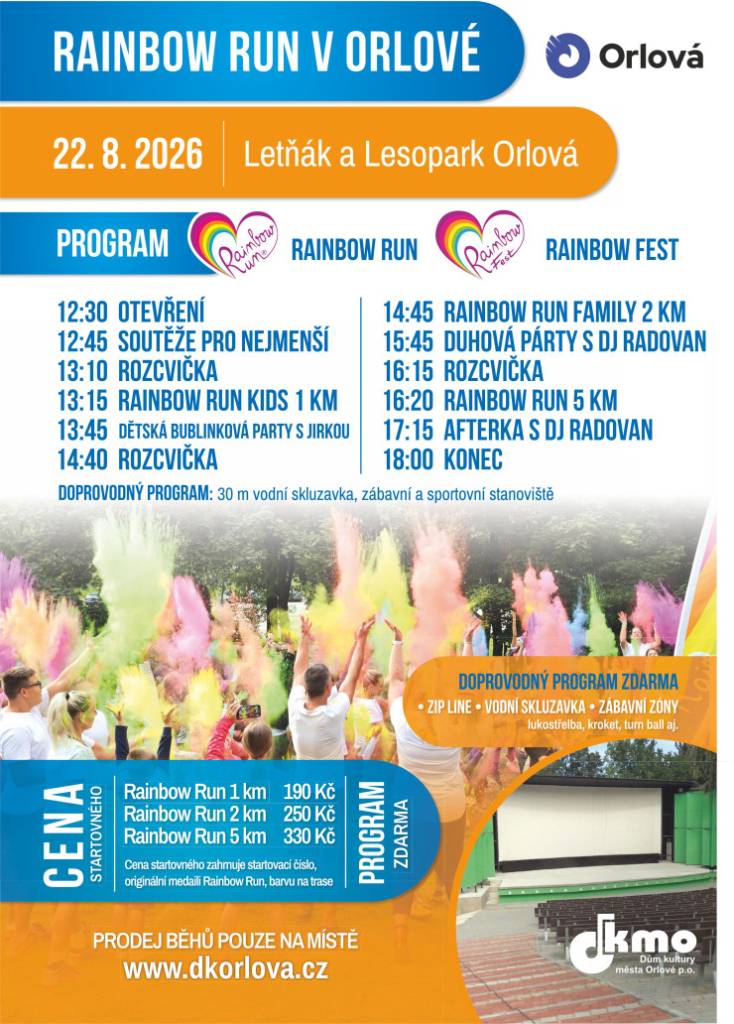 Zažijte festival, který vám obarví život, a to již tuto sobotu 22. srpna! Organizátoři připravili dětský běh na 1 km, rodinný běh na 2 km a 5km trať pro ty nejzdatnější. Duhové běhy odstartují po 13. hodině. Běží se lesoparkem. Letňák Orlová pak hostí Rainbow fest, který nabídne doprovodný program pro děti i dospělé, těšit se m...