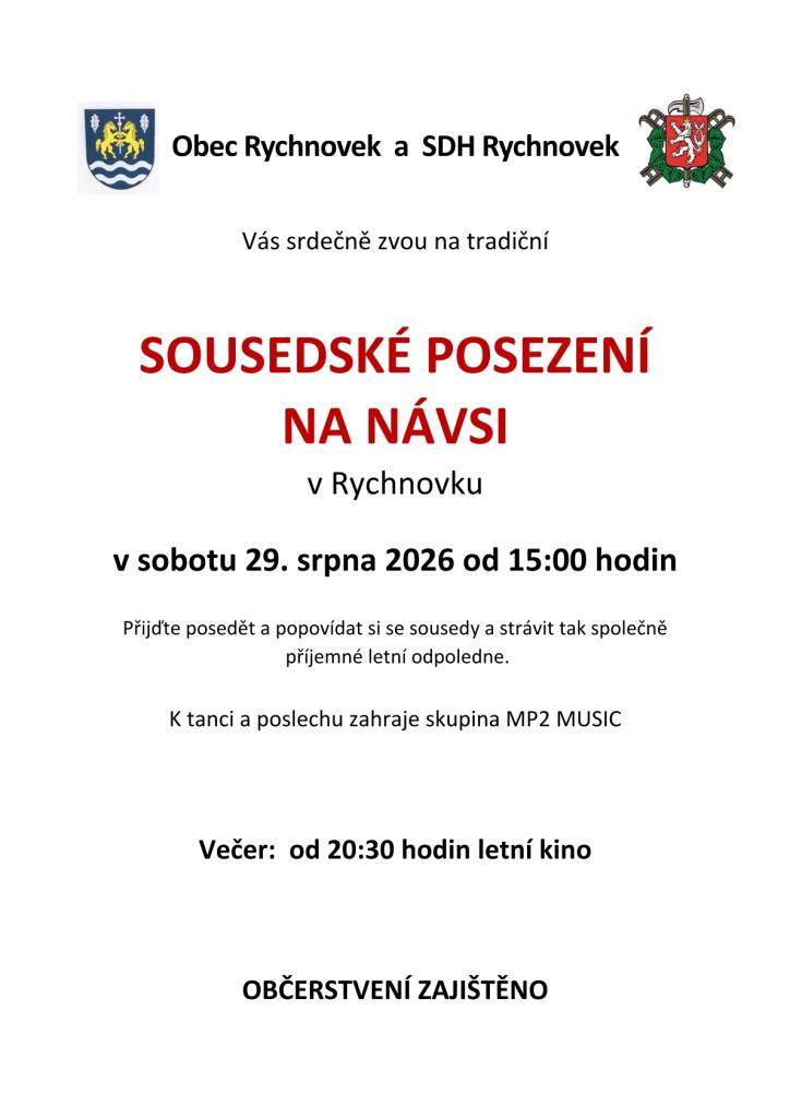 V sobotu 29. srpna 2026 se uskuteční sousedské posezení na návsi v Rychnovku.