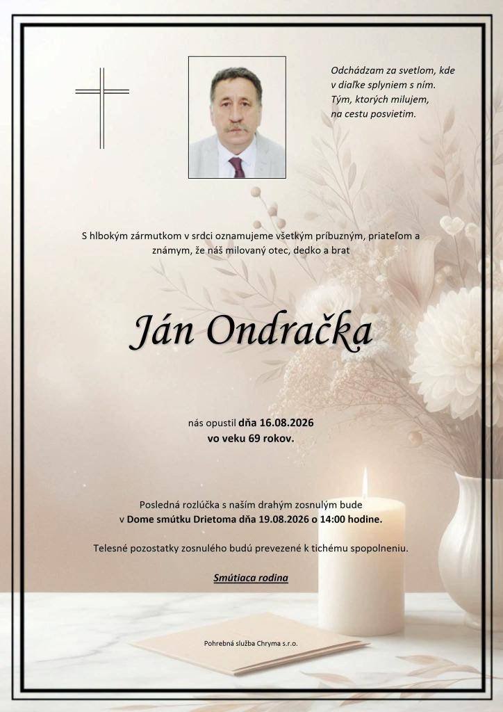 S hlbokým zármutkom zverejňujeme parte s oznámením o úmrtí  bývalého starostu obce Hrabovka pána Jána Ondračku, ktorý nás opustil dňa 16.8.2026 vo veku 69 rokov.
