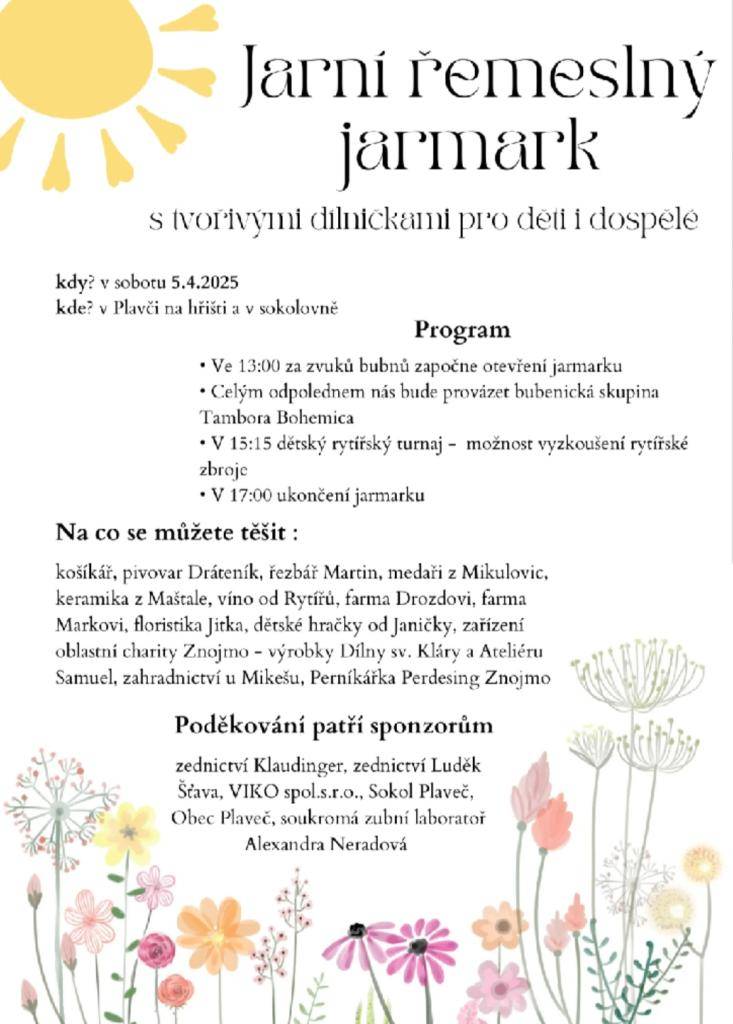 Jarní řemeslný jarmark v Plavči s tvořivými dílničkami pro děti a dospělé.
