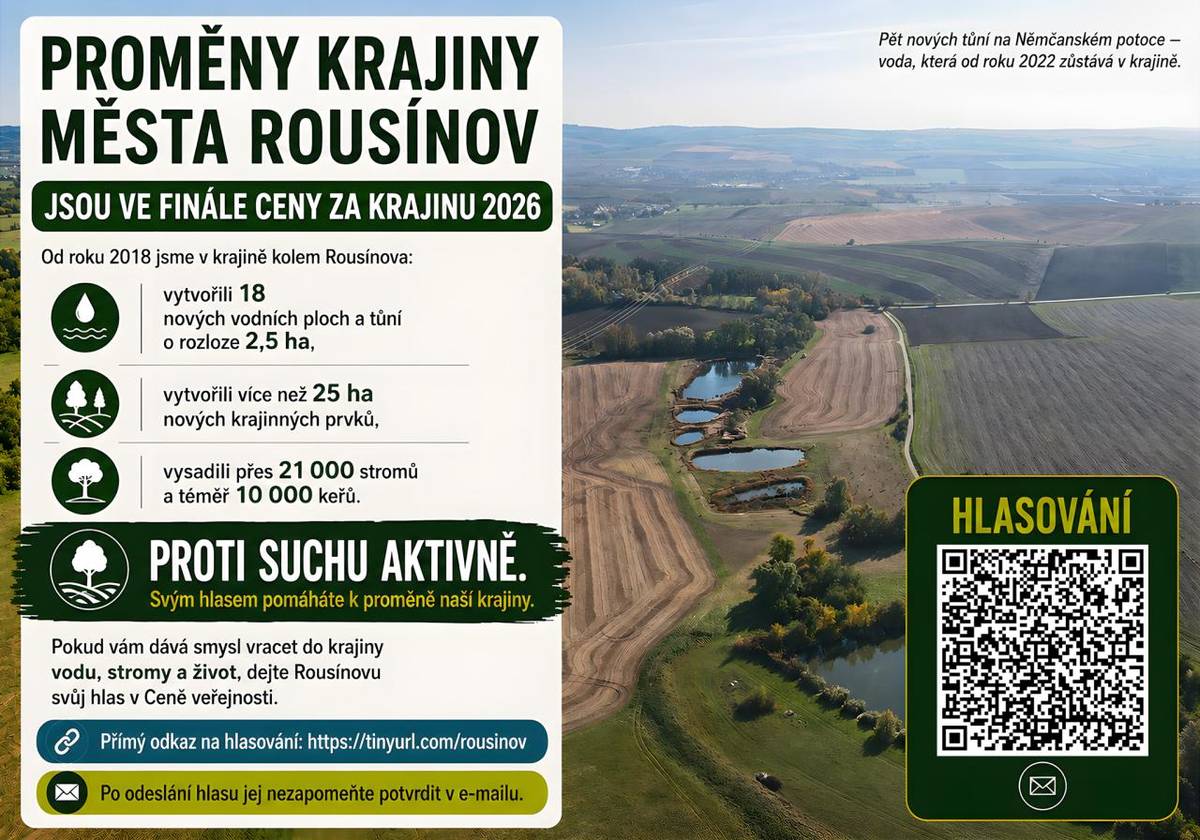 Proměny krajiny města Rousínova se nyní dostaly do finále Ceny za krajinu 2026.  Pomozte vašim hlasem podpořit aktivní proměny krajiny - více vody, více života, větší odolnost vůči suchu.