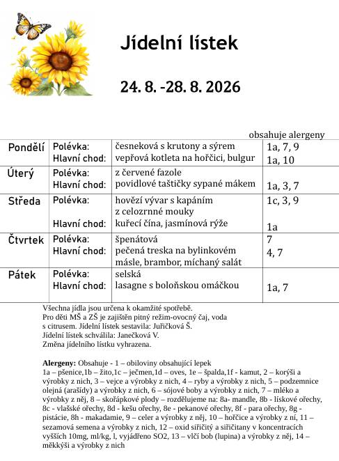 Jídelní lístek od 24.8. do 28.8.2026