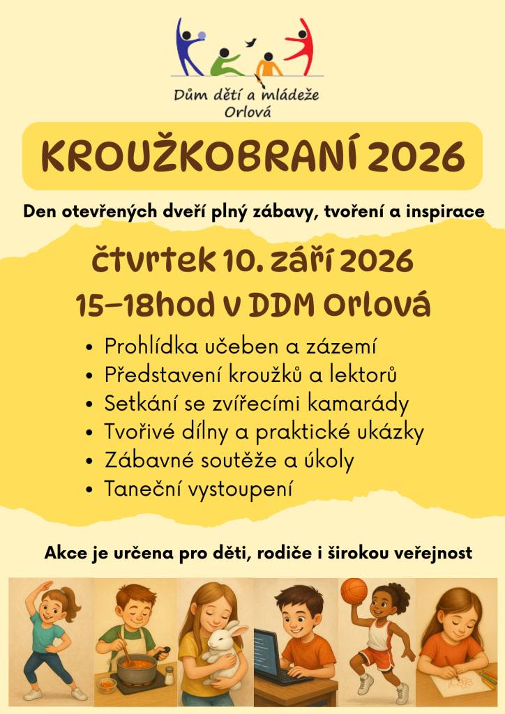 Dům dětí a mládeže pořádá Kroužkobraní 2026. Ve čtvrtek 10. září od 15 do 18 hodin máte možnost navštívit den otevřených dveří plný inspirace. Čeká vás prohlídka učeben a zázemí, představí se kroužky a lektoři, poznáte zvířátka, zhlédnete ukázky tvořivých dílen a nebude chybět ani taneční vystoupení. Pokud stále váháte, který ...