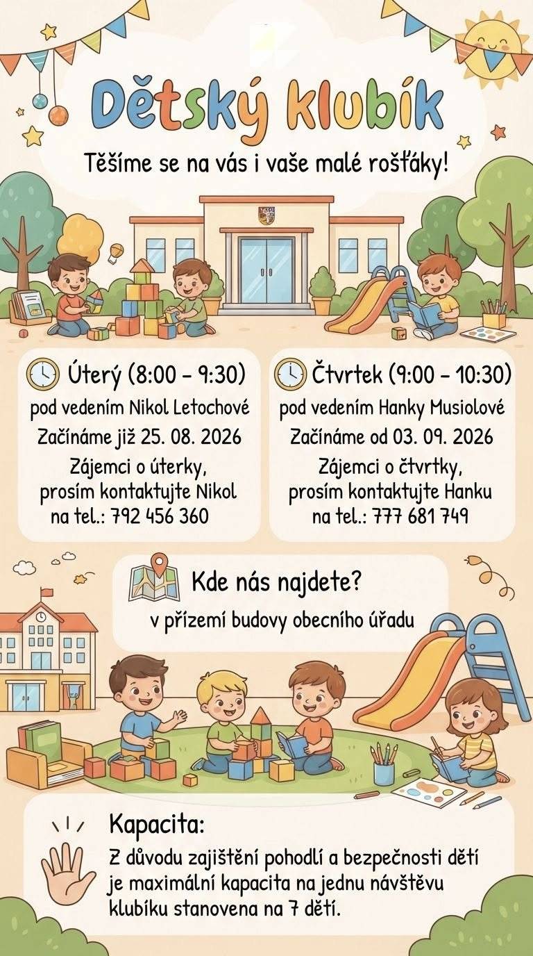Jak jistě víte, u nás na obecním úřadě máme dětský klubík, který se těší velké oblibě. S radostí vám oznamujeme, že tento prostor má za sebou velkou proměnu!     Za velké podpory pana starosty, šikovných zaměstnanců obce a skvělých dobrovolníků z řad rodin našich zaměstnanců se nám podařilo prostory zrekonstruovat tak, aby byly moderní, bezpečné, útulné a plné podnětů pro ty nejmenší. Všem zapojeným patří obrovské poděkování za jejich úsilí a čas, který do toho vložili.     Pro koho je náš klubík určen? Tento prostor je primárně vytvořen pro děti, které ještě nenavštěvují mateřskou školu, a jejich rodiče jsou z naší obce Dolní Domaslavice. V případě nenaplnění kapacity rádi přivítáme i návštěvníky z okolních obcí. Vstupné do klubíku je zcela dobrovolné – jeho výše je čistě na vašem uvážení. Veškeré takto vybrané prostředky budou využity zpět pro potřeby klubíku, konkrétně na nákup nových hraček, výtvarných potřeb pro děti či na doplnění zásob kávy a čaje, apod...     Co všechno u nás najdete? Výsledkem rekonstrukce je nádherné místo, které teď naplno otevírá své brány a slouží jako:     Bezpečné a inspirativní zázemí pro hry dětí – plné hraček a herních prvků pro rozvoj dětské fantazie.     Příjemný prostor pro setkávání rodičů – místo, kde si můžete v klidu vychutnat šálek dobré kávy nebo čaje, popovídat si, sdílet své zkušenosti a navázat nová přátelství v naší obci.     Místo pro společné aktivity – ideální pro pravidelná hrací dopoledne a první seznamování dětí s kolektivem.     Kde nás najdete a kdy máme otevřeno?   Kde: v přízemí budovy obecního úřadu   Provozní doba a kontakty:     Úterý (8:00 – 9:30): pod vedením Nikol Letochové. Začínáme již 25. 08. 2026.     Zájemci o úterky, prosím kontaktujte Nikol na tel.: 792 456 360.     Čtvrtek (9:00 – 10:30): pod vedením Hanky Musiolové. Začínáme od 03. 09. 2026.     Zájemci o čtvrtky, prosím kontaktujte Hanku na tel.: 777 681 749.     (Obě jsou maminky, které mají k dětem krásný vztah a bohaté zkušenosti.)     Kapacita: Z důvodu zajištění pohodlí a bezpečnosti dětí je maximální kapacita na jednu návštěvu klubíku stanovena na 7 dětí.     Srdečně zveme všechny maminky, tatínky a jejich ratolesti, aby se k nám přišly podívat a klubík vyzkoušet na vlastní kůži. Chceme, aby tento prostor žil a byl plný dětského smíchu co nejčastěji!     Těšíme se na vás i vaše malé rošťáky!
