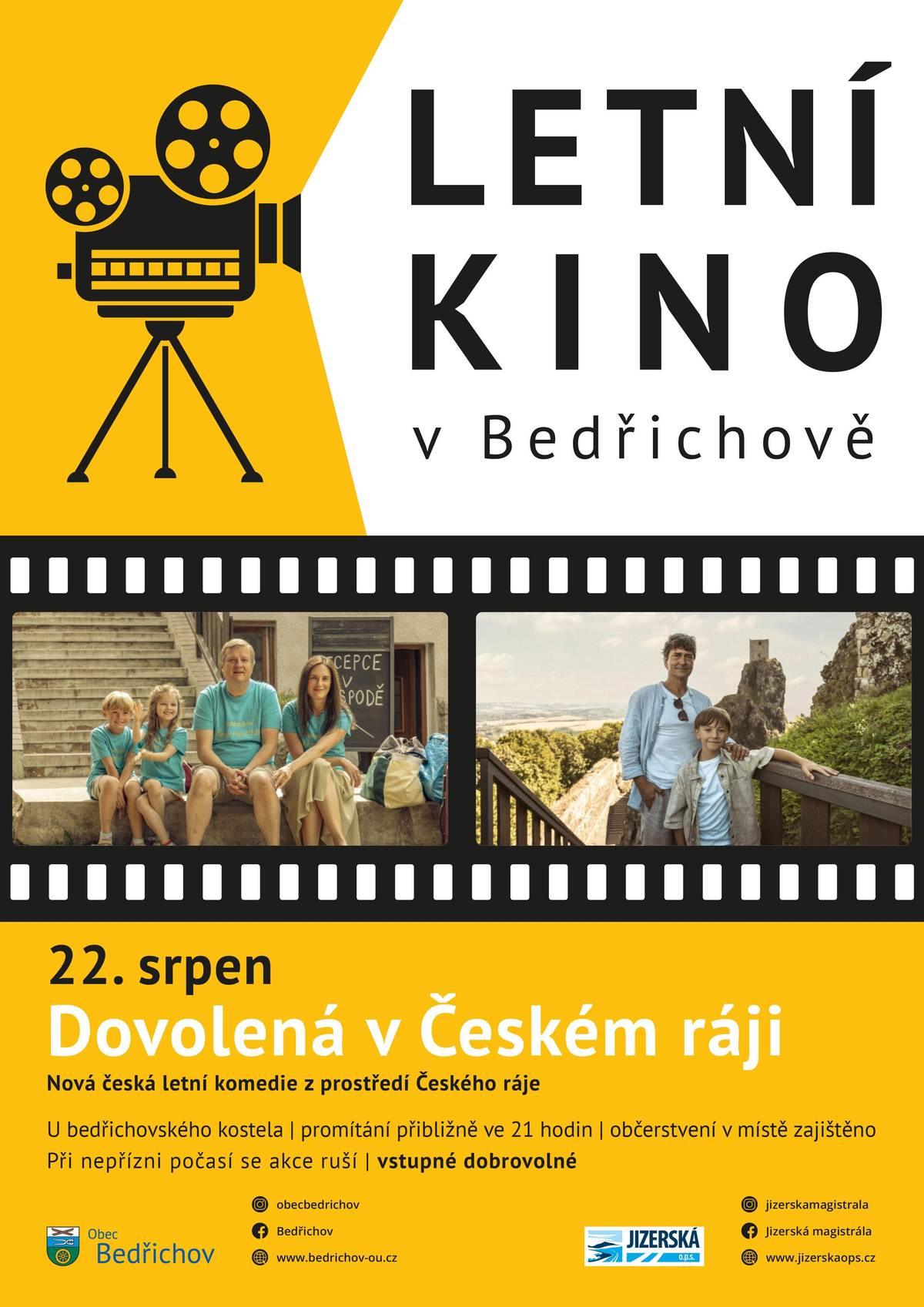 V pátek 21.srpna se můžete v rámci Bedřichovského hudebního léta v 19 hodin těšit na jazzové skladby v podání Evy Emingerové. Zpěvačka vystoupí za klavírního a saxofonového doprovodu v bedřichovském kostele. Vstupné dobrovolné, výtěžek půjde na opravy kostela. Letní kino pokračuje v sobotu 22.srpna po 21 hodině u bedřichovského kostela. Na programu je nová česká komedie Dovolená v Českém ráji. Občerstvení v místě zajištěno. Vstupné dobrovolné. Těšíme se na vás, Obec Bedřichov a JIZERSKÁ, o.p.s. www.bedrichov-ou.cz