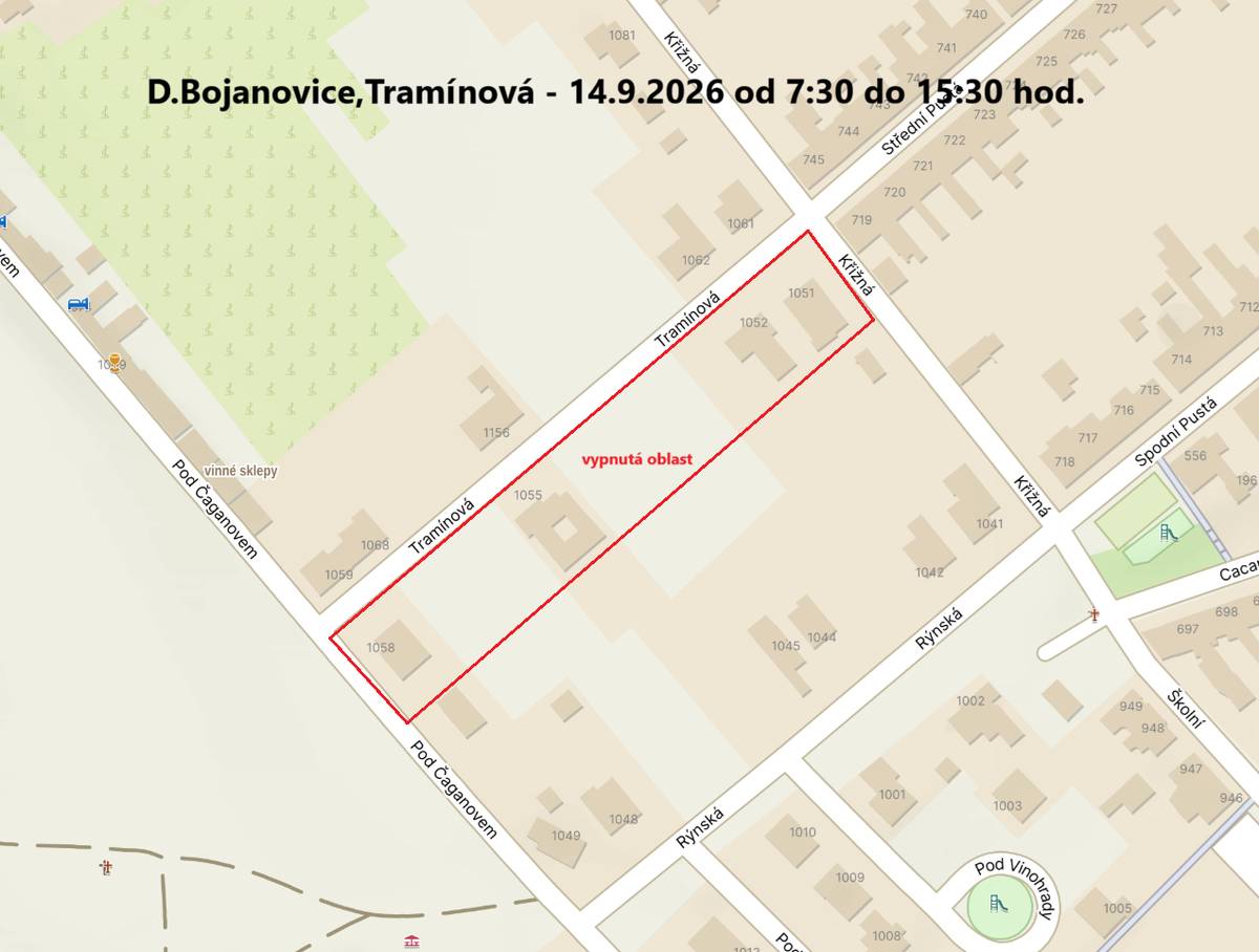 Z důvodu plánovaných prací na zařízení distribuční soustavy bude přerušena dodávka elektrické energie dne 14. 9. 2026 od 07:30 do 15:30 hod v ulici Tramínová od č.1058 po č.1051.