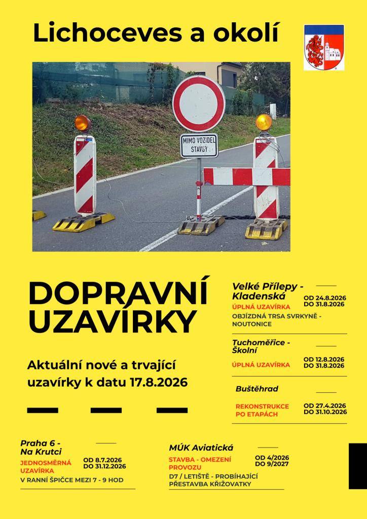 Poslední prázdninové uzavírky. Velké Přílepy - ulice Kladenská, Tuchoměřice - ulice Školní a další.